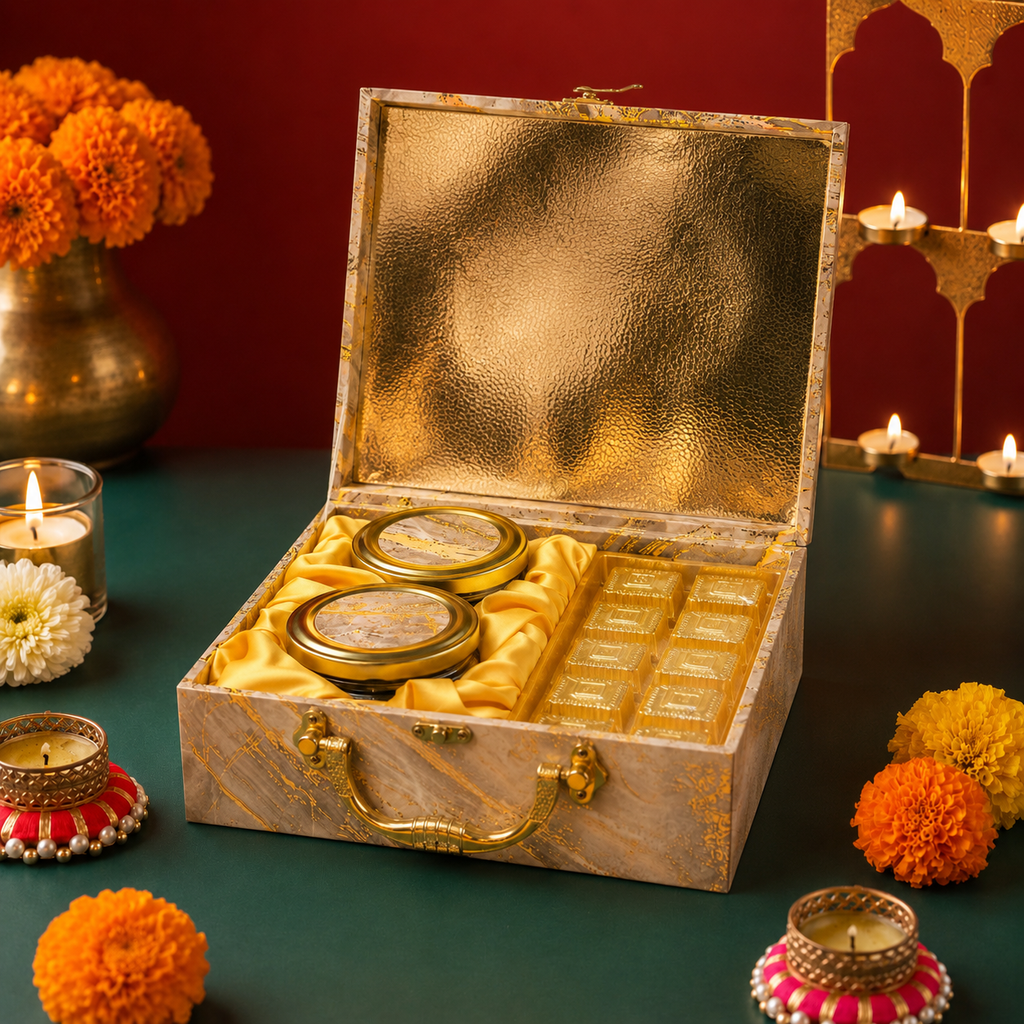 2 Jar & 10 Cavity Green Marble Foil Hamper Box