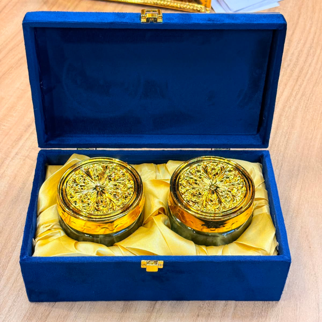 2 Jar Blue Peacock Glass Mirror Gift Box