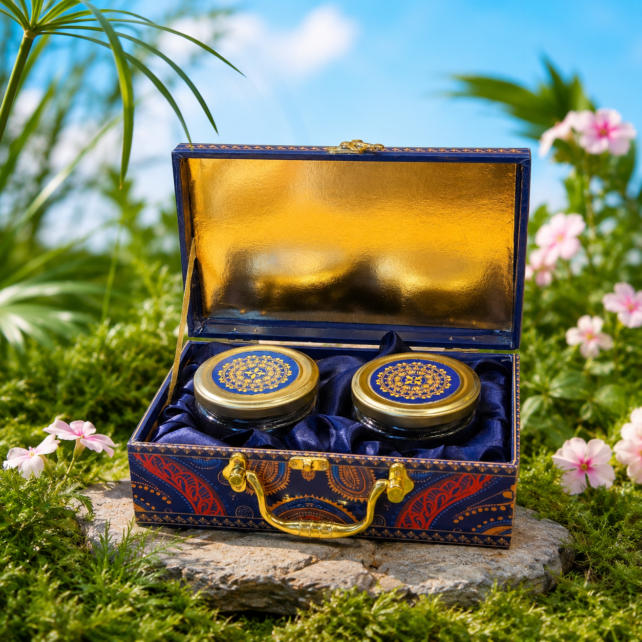 2 Jars  Blue Printed Premium Paisley Floral Hamper Box