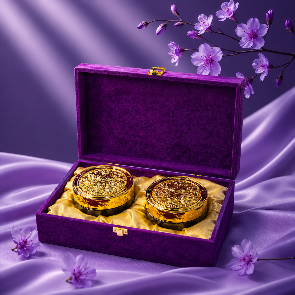 2 Jar Purple Glass Peacock Mirror Gift Box