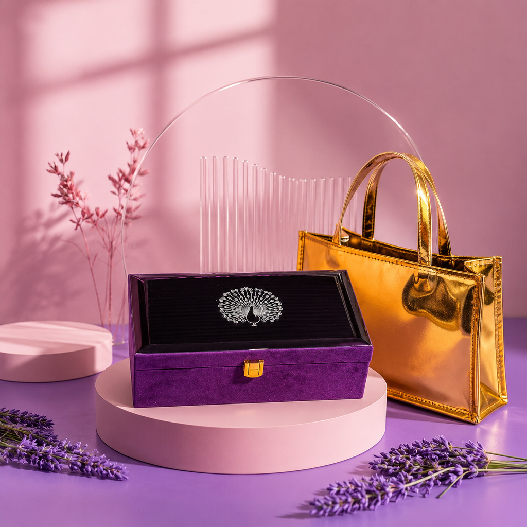 2 Jar Purple Glass Peacock Mirror Gift Box