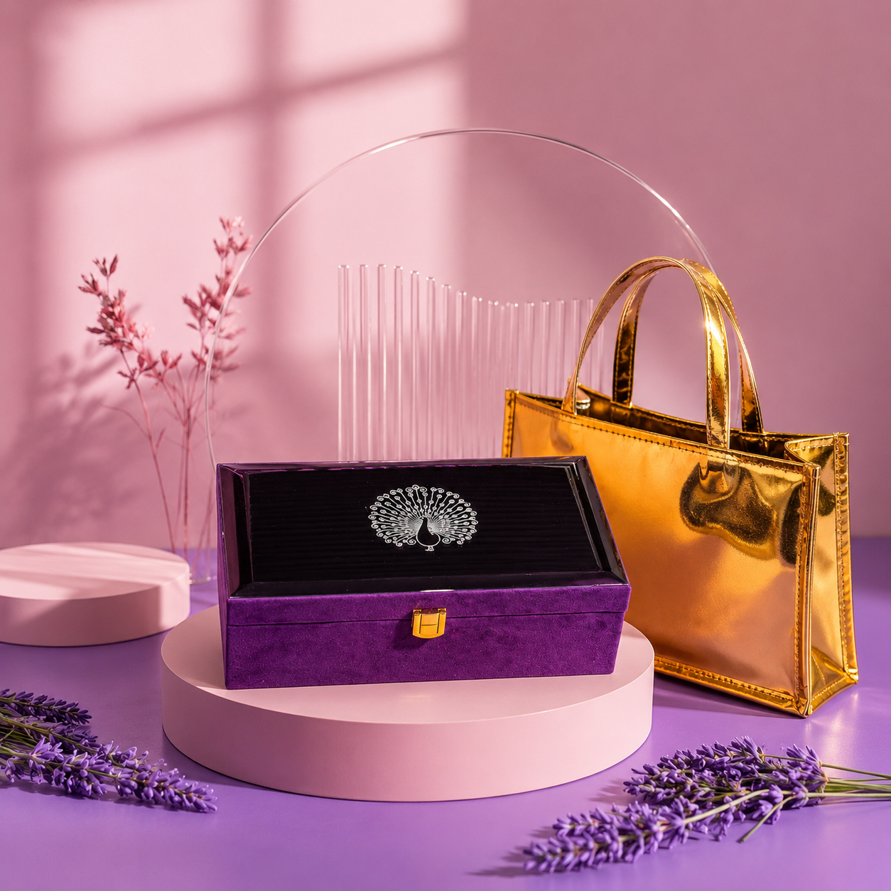 2 Jar Purple Glass Peacock Mirror Gift Box
