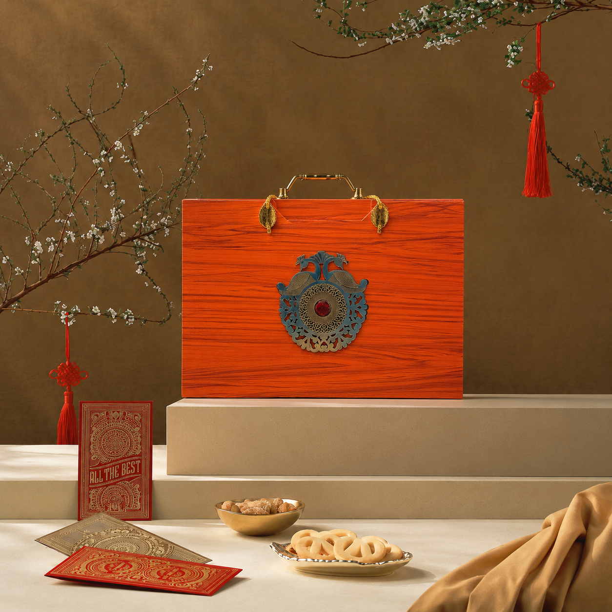 4 Jars Bamboo Wooden Peacock Logo  Dry Fruit Hamper Box