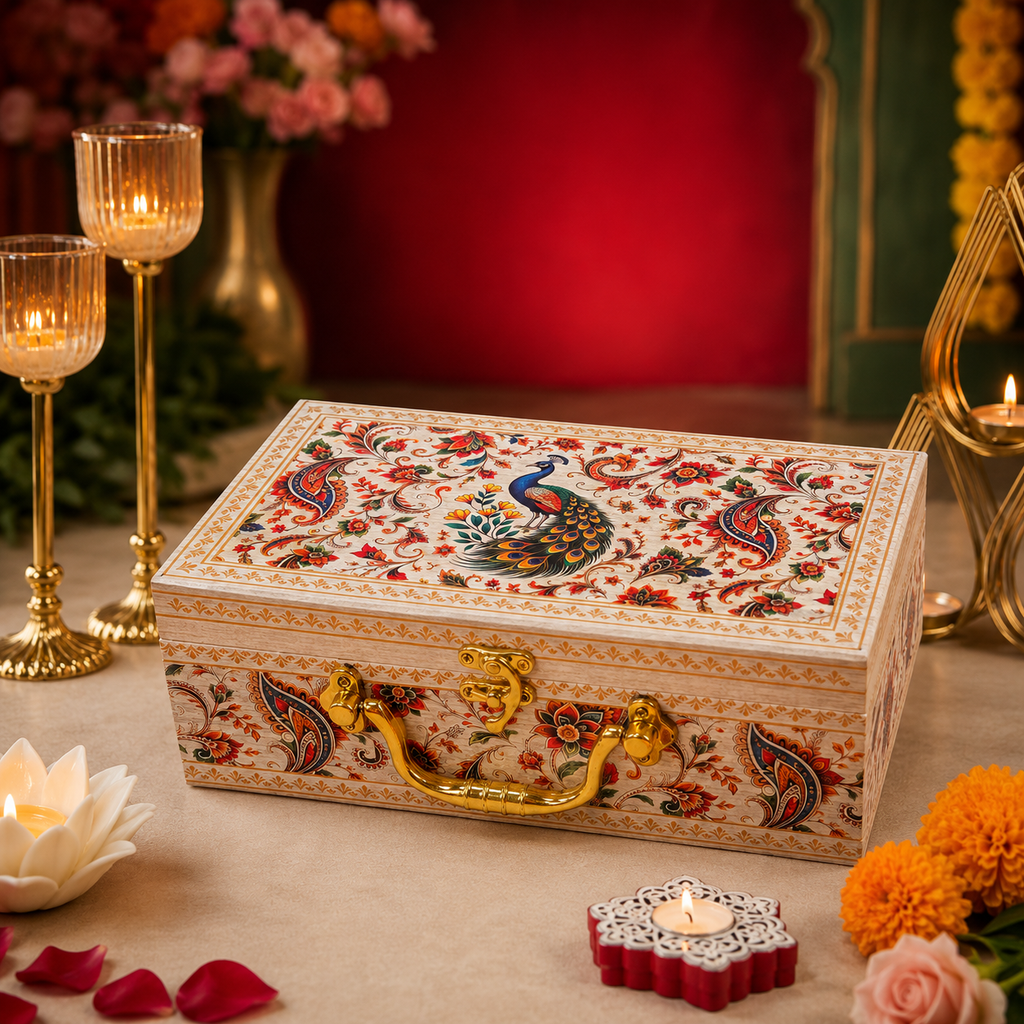 2 Jars Cream Printed Premium Paisley peacock Hamper Box
