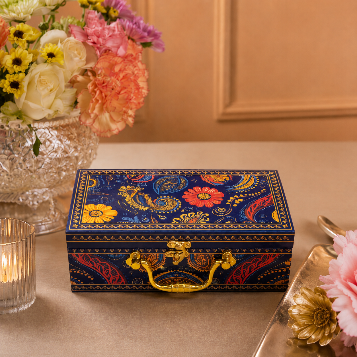 2 Jars  Blue Printed Premium Paisley Floral Hamper Box