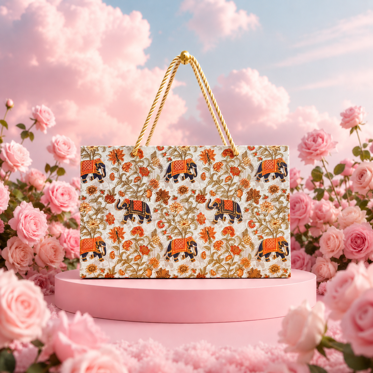 2 Jars Elephant Floral Foil Carry Bag Style Royal Box