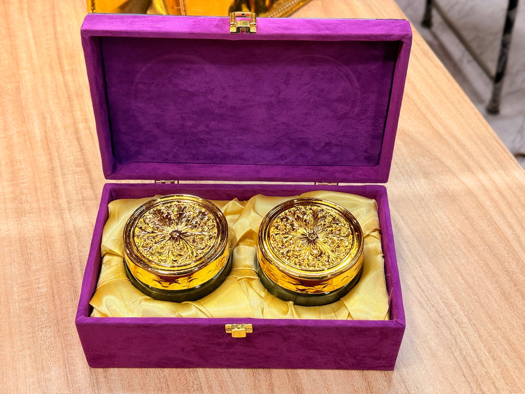 2 Jar Purple Glass Peacock Mirror Gift Box