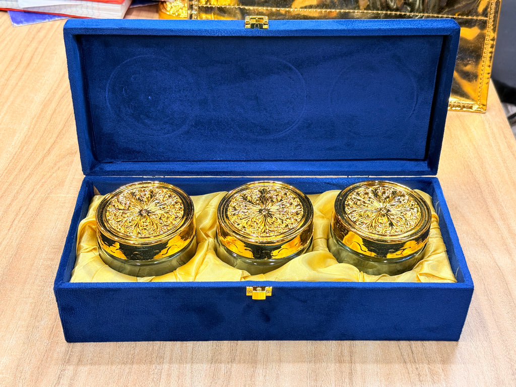 3 Jar Mirror Royal Blue Velvet  Box with Carry Bag Gift Box