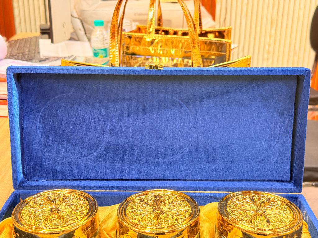 3 Jar Mirror Royal Blue Velvet  Box with Carry Bag Gift Box