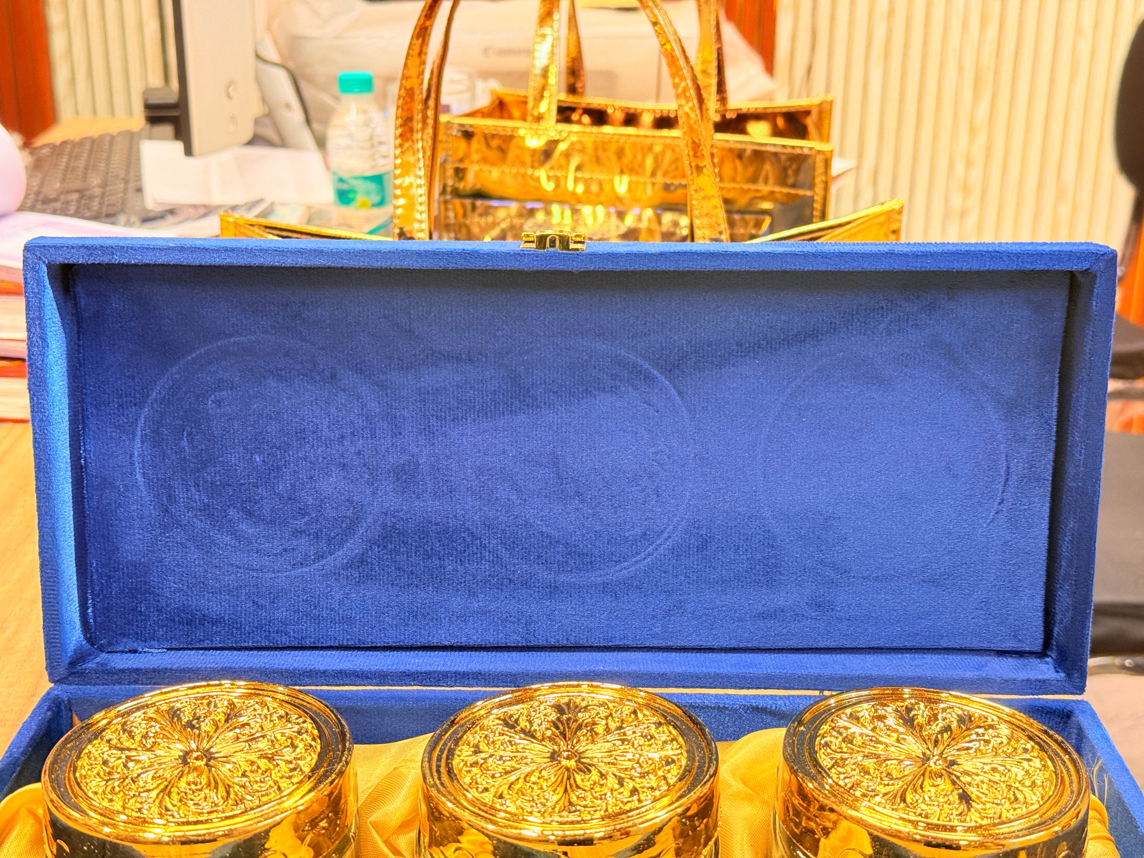 3 Jar Mirror Royal Blue Velvet  Box with Carry Bag Gift Box