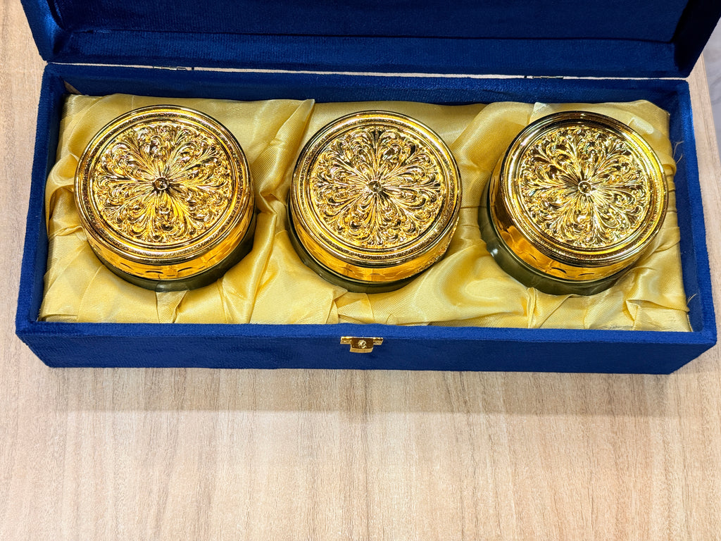 3 Jar Mirror Royal Blue Velvet  Box with Carry Bag Gift Box