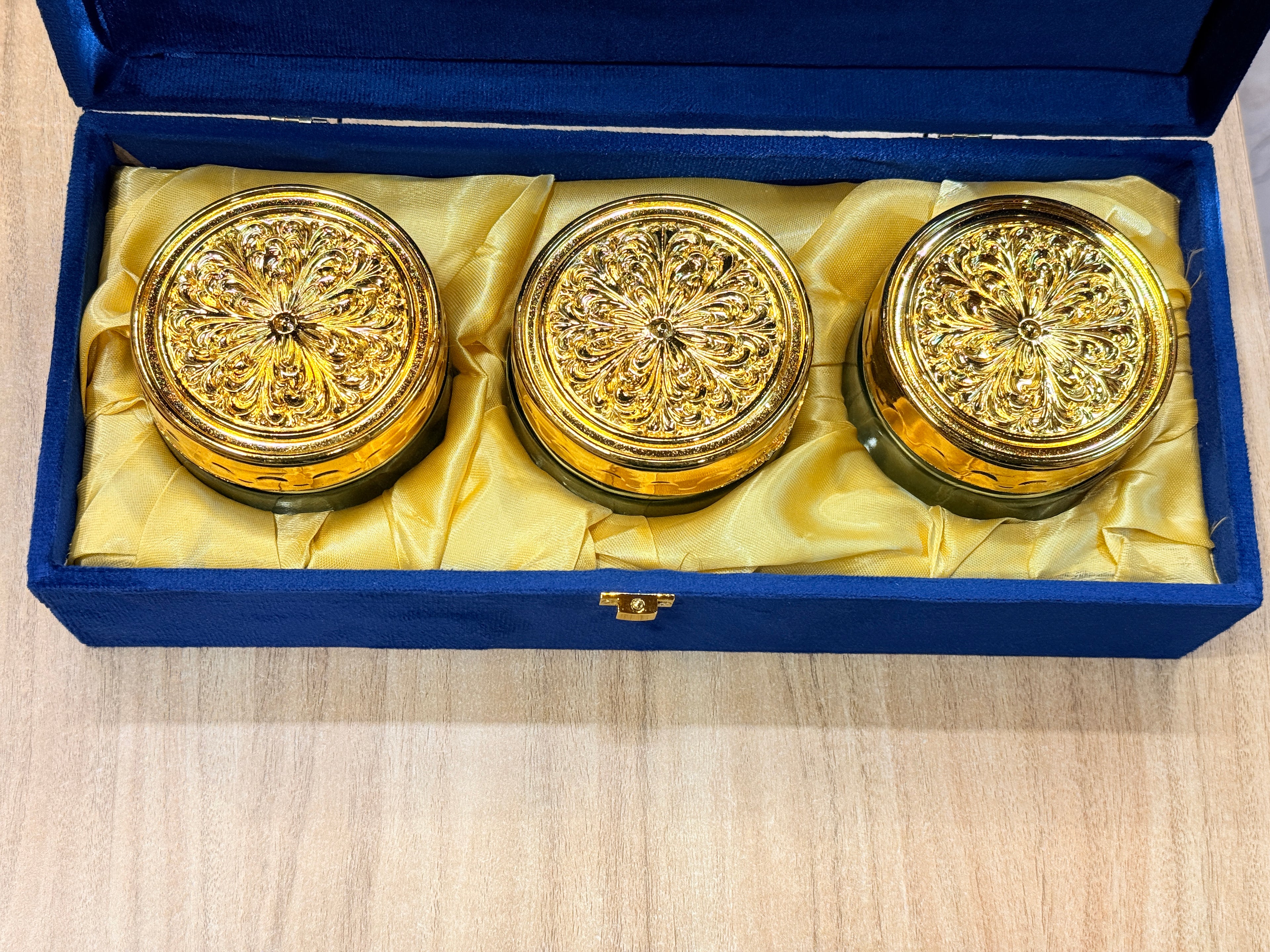 3 Jar Mirror Royal Blue Velvet  Box with Carry Bag Gift Box
