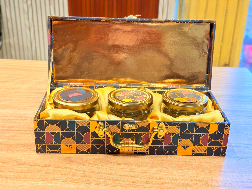 3 JAR Dark BlueFoil Print Heritage Hamper Box
