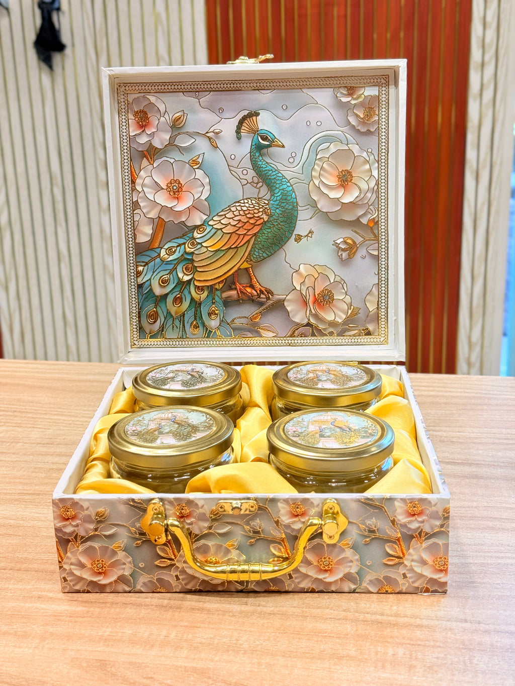 4 Jar Single Peacock Floral Green Heritage Hamper Box