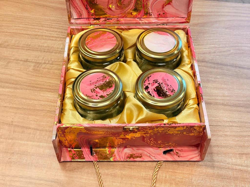 4 Jar Pink Foil Carry Bag style Hamper Box