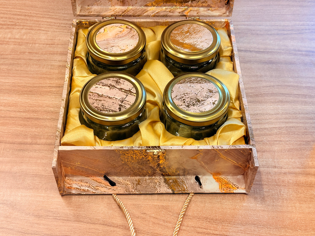 4 Jar Green Foil Carry Bag Luxury Hamper Box