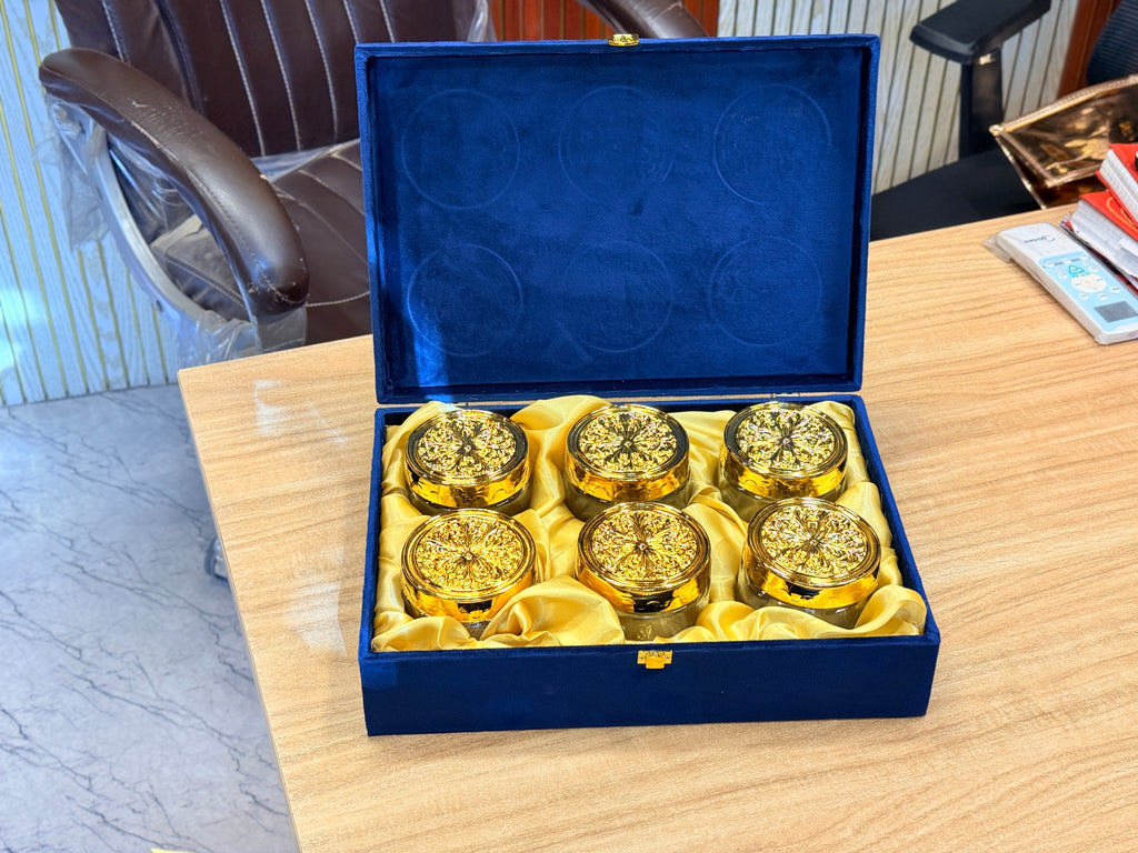 6 Jar Mirror Royal Peacock Velvet  Box with Carry Bag Gift Box