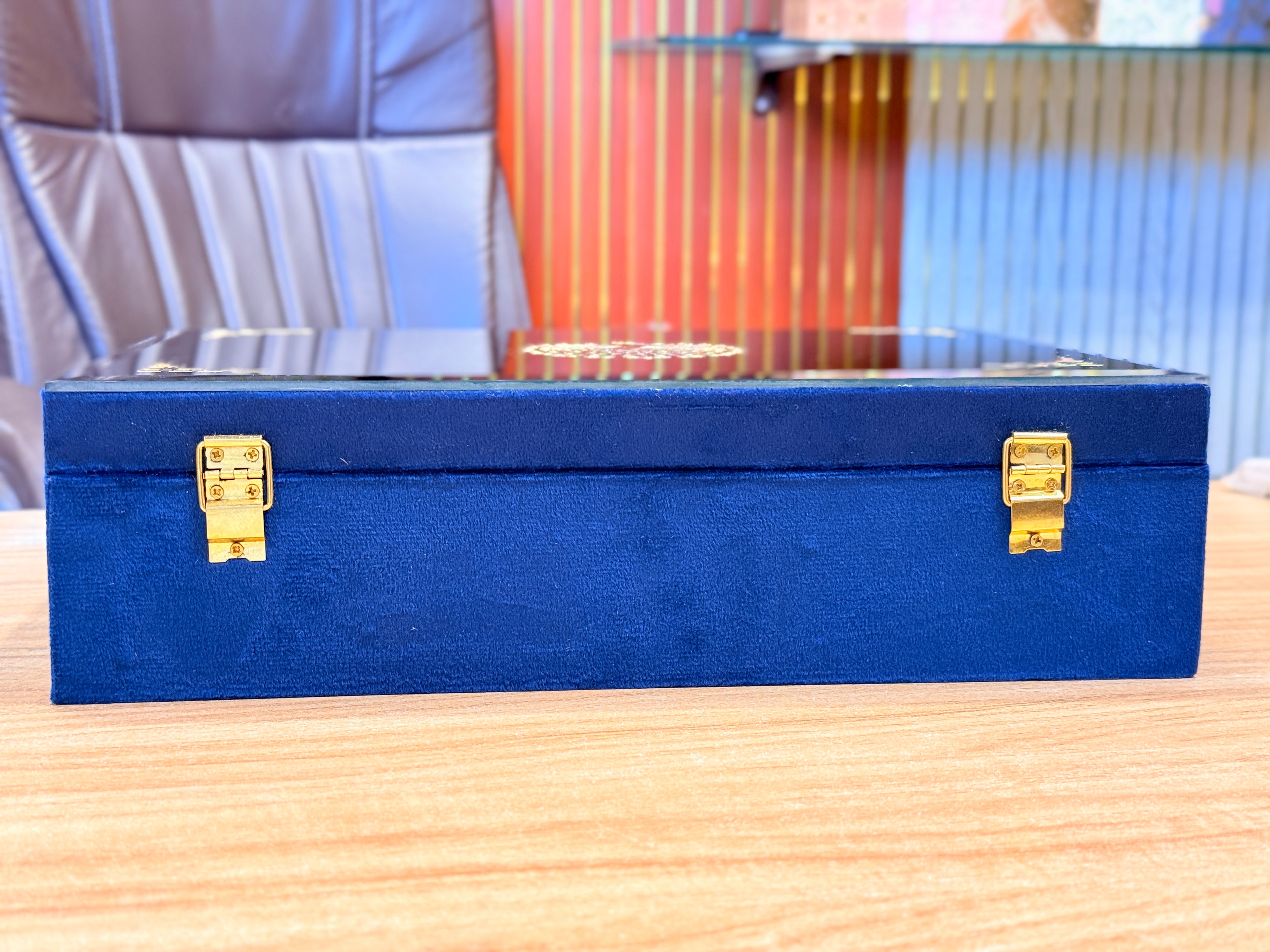 6 Jar Mirror Royal Peacock Velvet  Box with Carry Bag Gift Box
