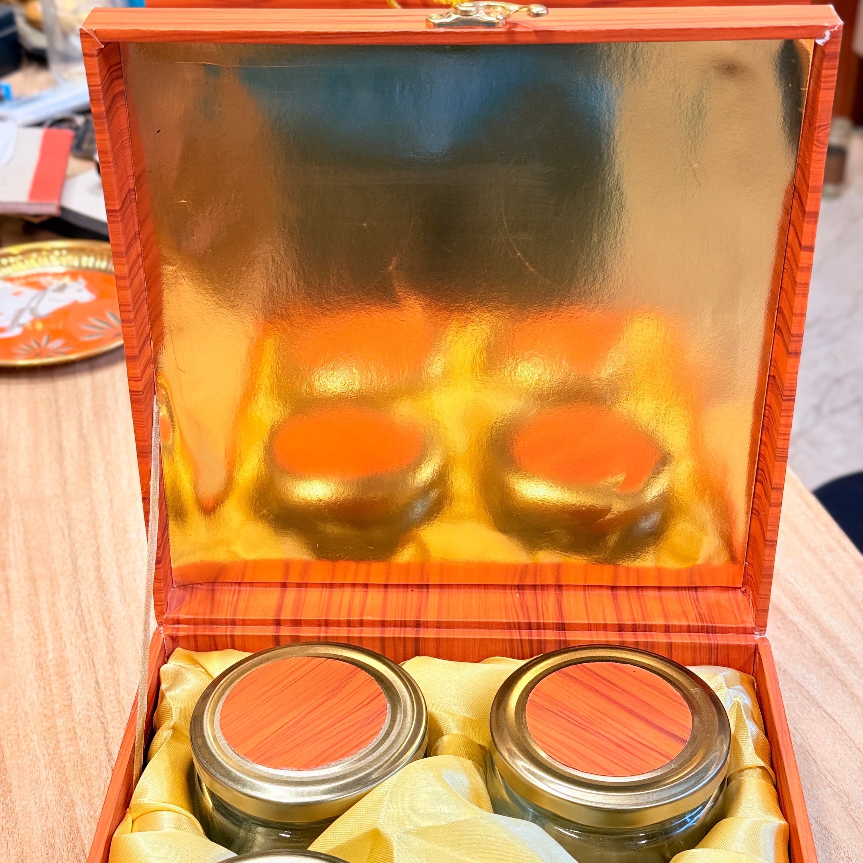 4 Jars Wooden Peacock Logo  Dry Fruit Hamper Box