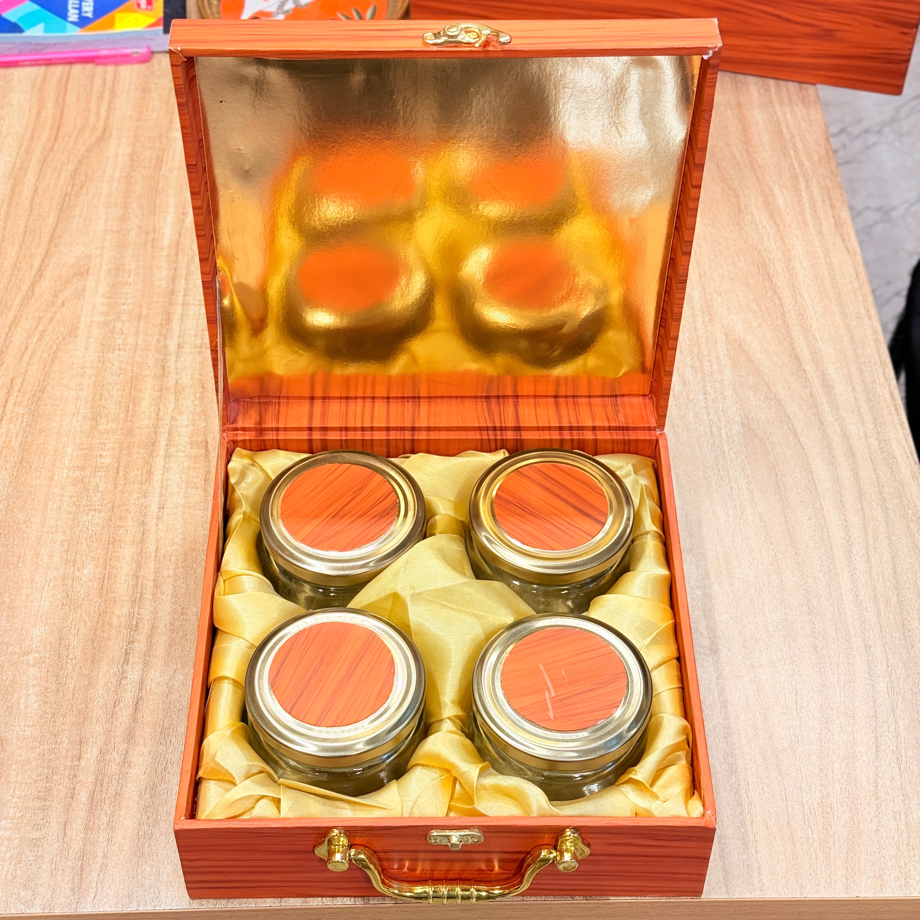 4 Jars Wooden Peacock Logo  Dry Fruit Hamper Box