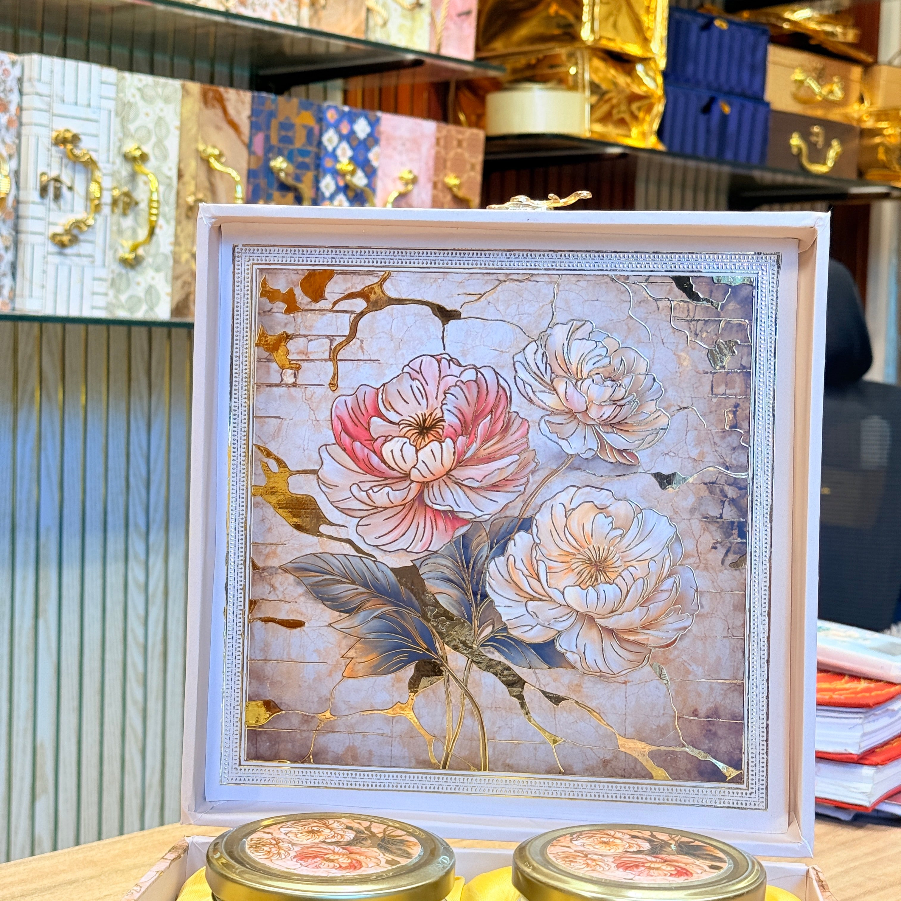 4 Jars Rose MGI Peach Royal Heritage Palace Hamper MDF Box