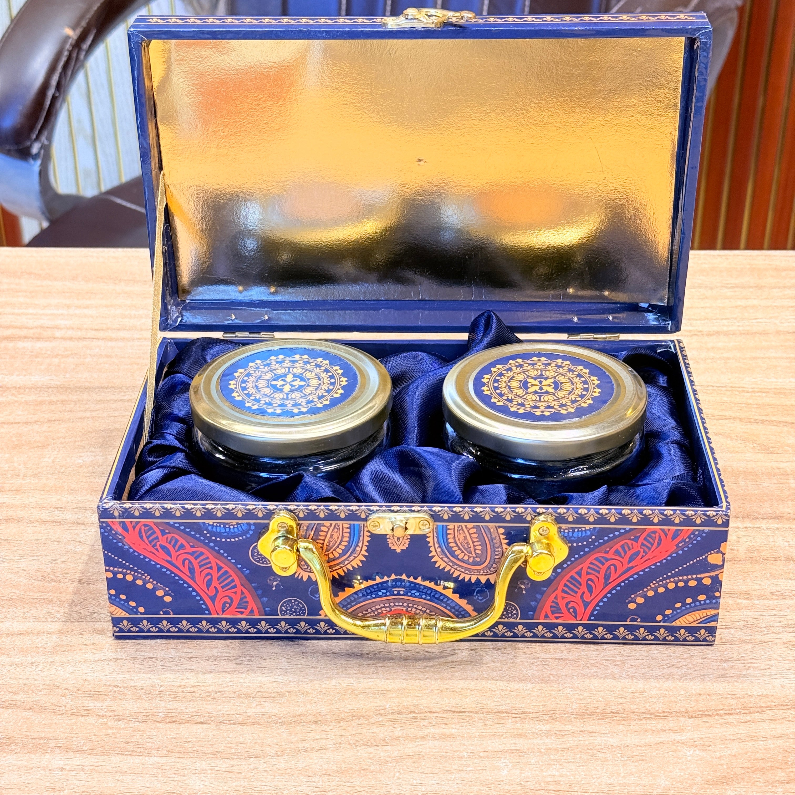 2 Jars  Blue Printed Premium Paisley Floral Hamper Box