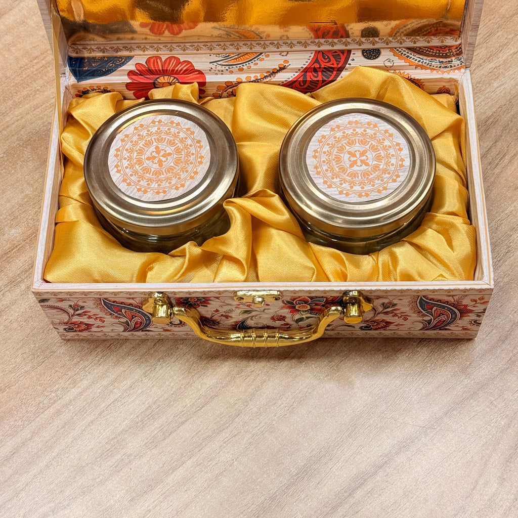2 Jars Cream Printed Premium Paisley peacock Hamper Box