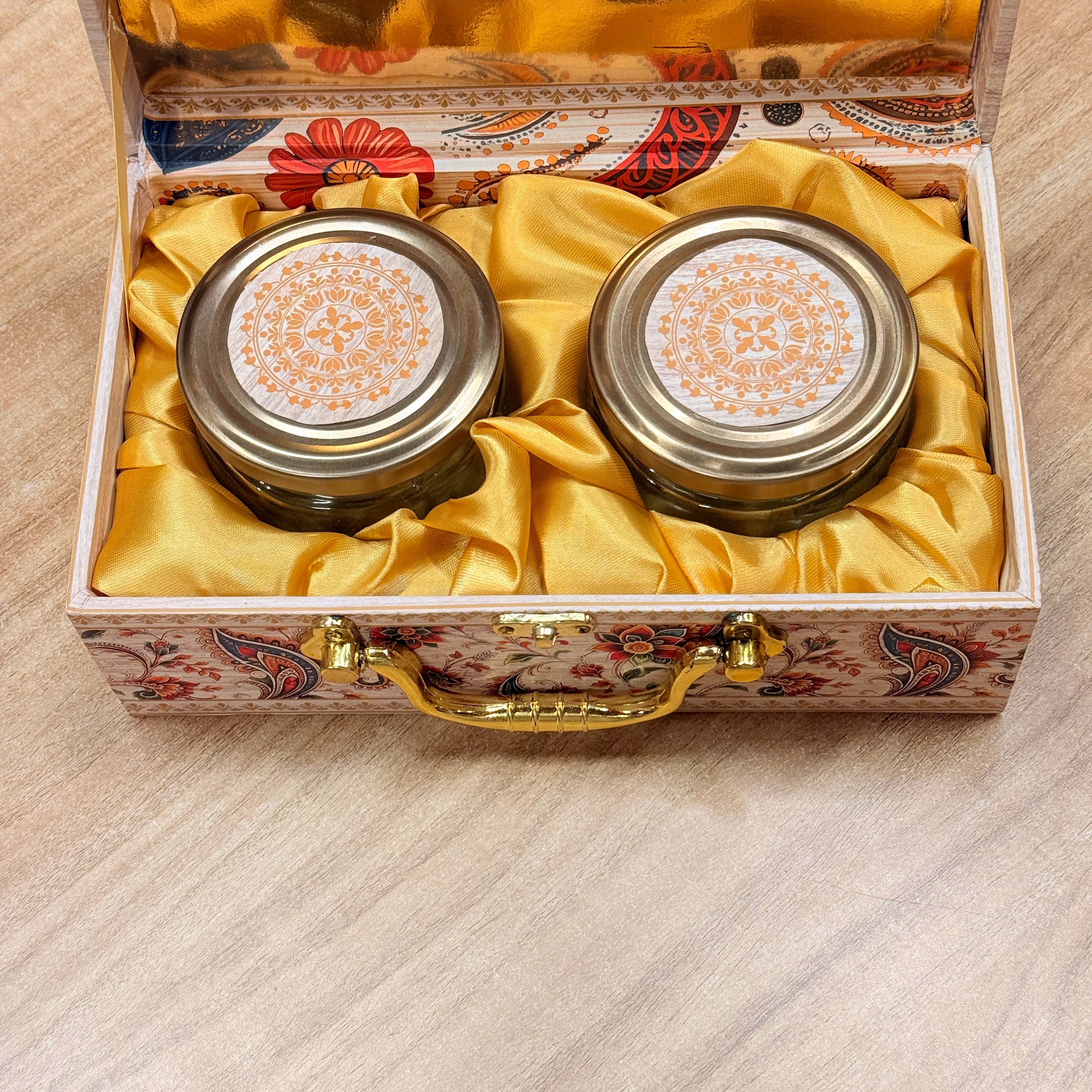 2 Jars Cream Printed Premium Paisley peacock Hamper Box