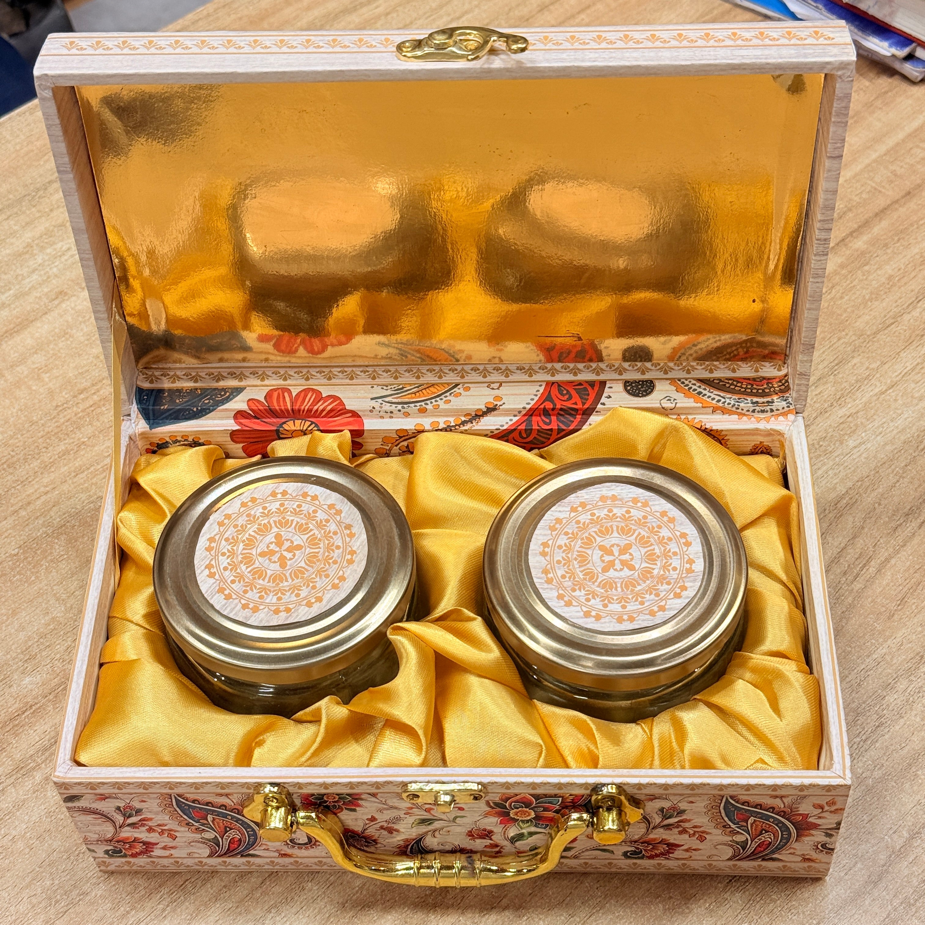 2 Jars Cream Printed Premium Paisley peacock Hamper Box